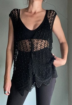 Vintage Black Beaded and Crochet Cardigan