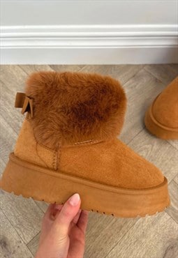 justyouroutfit Faux Fur Lined Platform Ankle Boots Camel