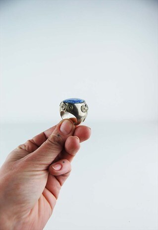 VINTAGE 90-S ETHNIC BOHO BLUE LARGE OVAL STONE RING -M