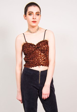VINTAGE 90'S BROWN SEQUIN BANDEAU BOOB TUBE TOP