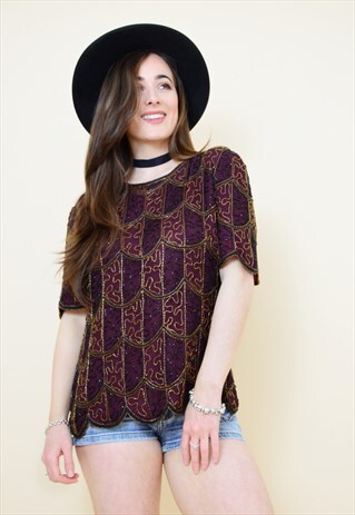 VINTAGE 90S MAROON SILK BEADED PARTY FESTIVAL TOP