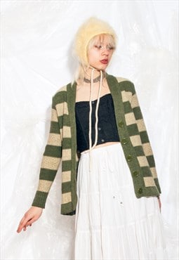 Vintage Y2K Knit Cardigan in Green Beige Vertically Striped