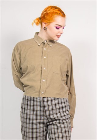 VINTAGE 90'S BEIGE CORD CROPPED LONG SLEEVE SHIRT