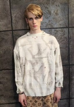 Ripped knitted sweatshirt distress knitwear jumper grey oil