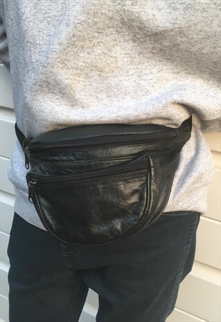 UNISEX VINTAGE BLACK LEATHER FESTIVAL BOHO BUMBAG HAND BAG