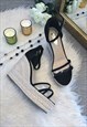 BLACK FAUX SUEDE & ACRYLIC WEDGE SANDALS