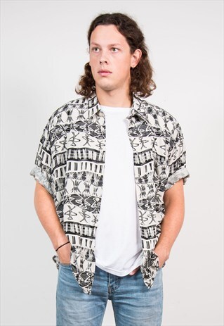 VINTAGE 90'S MONOCHROME CRAZY PATTERN SHORT SLEEVE SHIRT