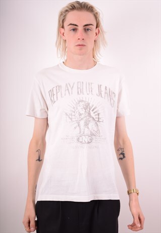 REPLAY MENS VINTAGE T-SHIRT TOP LARGE WHITE 90S