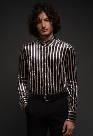 MENS BLACK & WHITE STRIPPED MOD VELVET 60S KAFTAN
