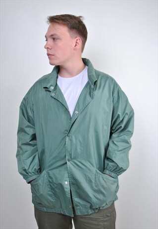 90S KHAKI GREEN COACH JACKET, MINIMALIST WINDBREAKER, SIZE L