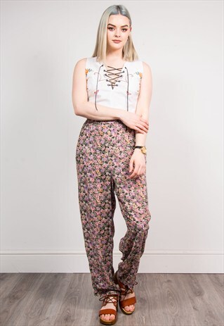 VINTAGE FESTIVAL FLORAL PATTERN WIDE LEG TROUSERS