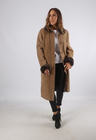 VINTAGE SHEEPSKIN SUEDE SHEARLING COAT MID LONG UK 14 (93O)