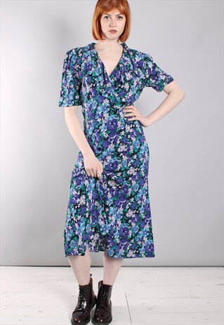 VINTAGE 80S FLORAL RUFFLE EDGE WRAP MIDI DRESS