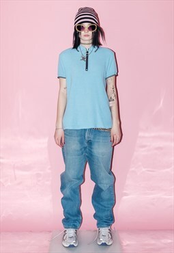 90's Vintage polite half zip polo shirt in sky blue