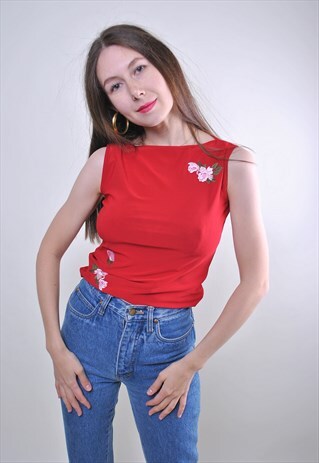 90S RED SEXY WOMEN TANK TOP WITH FLOWERS