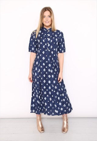 VINTAGE 90S BLUE BATIK PRINT MIDI DRESS