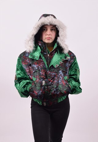 VINTAGE 80'S BRIGHT GREEN CRAZY PATTERN SKI JACKET MEDIUM