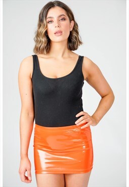 Orange PVC High Waist Bodycon Wet Look Mini Sexy Skirt