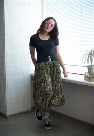 VINTAGE 80'S MIDI GREEN PATTERNED PLEATED SKIRT
