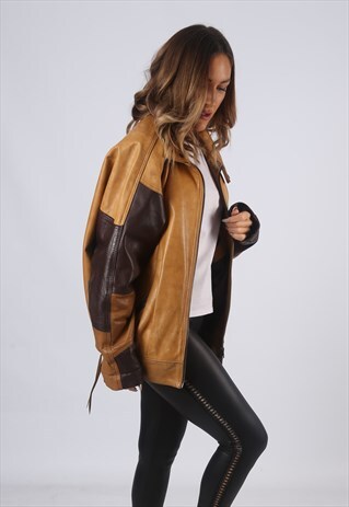 VINTAGE 80'S LEATHER JACKET OVERSIZED LONG BOMBER UK 14 (C1H