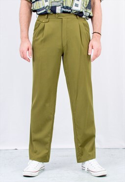 Vintage pleated pants in green high waist trousers L/XL