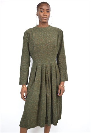 VINTAGE 90S GREEN FLORAL CORDUROY DRESS