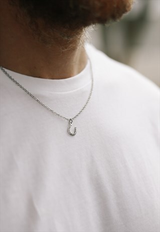 HORSESHOE MENS CHAIN NECKLACE SILVER COWBOY PENDANT GIFT