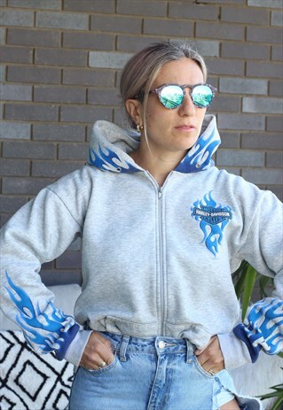 VINTAGE 1990S HARLEY DAVIDSON GREY HOODED FLAMES SWEATSHIRT