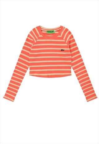 Long sleeve crop top textured stripe jumper round tee orange