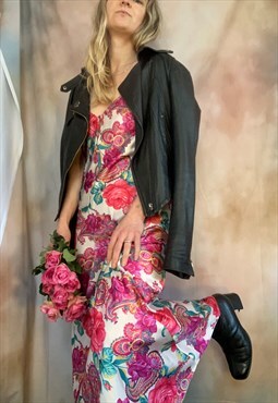 Satin Silky Long Maxi Slip Dress in Paisley Floral