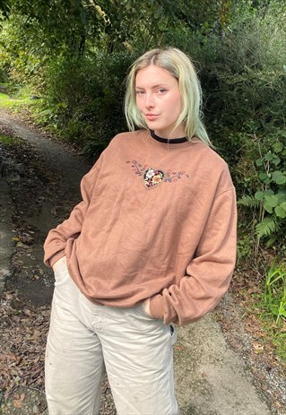 VINTAGE 80S SIZE L FLORAL EMBROIDERED SWEATSHIRT IN BROWN