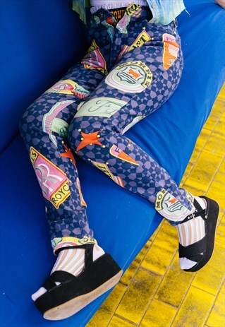 RARE VINTAGE VERSACE 1991 CAR LOGO PRINT COLORFUL TROUSERS