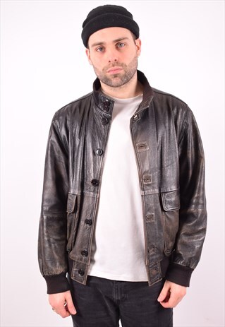 MENS VINTAGE FAUX LEATHER JACKET MEDIUM BLACK 90'S
