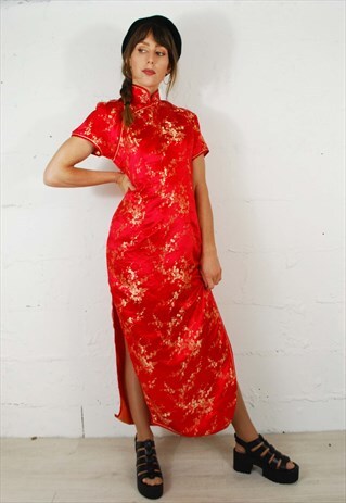 VTG 90S GRUNGE SILKY EMBROIDERED COCKTAIL MAXI DRESS RED