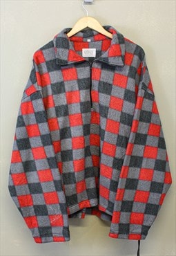 Vintage Plaid Fleece Grey Red Quarter Zip With Patterns 
