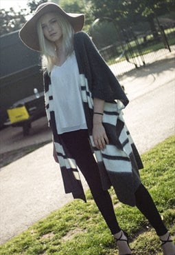 Grey white stripe knitted wool blend poncho cape cardigan