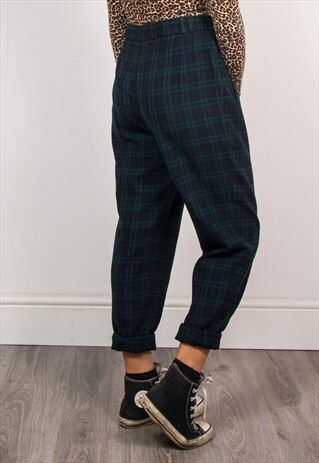 90'S HIGH WAIST WOOL TARTAN CHECK TAPERED TROUSERS