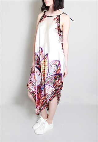 VINTAGE STYLE WHITE VIBRANT FLORAL SILK MIX DRESS