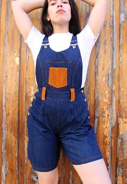 Dark Blue Denim Dungaree Short Overalls with Suede Patches