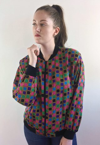 WOMENS VINTAGE 80S JACKET MULTICOLOURED PATTERNED BOMBER TOP