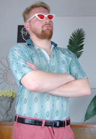 VINTAGE PASTEL GREEN ABSTRACT SUMMER FESTIVAL POLO SHIRT