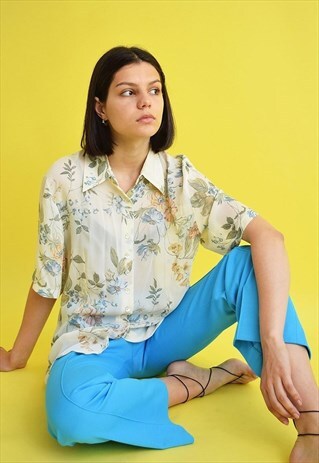 90'S RETRO SHEER FLORAL PRINT OVERSIZED SHIRT
