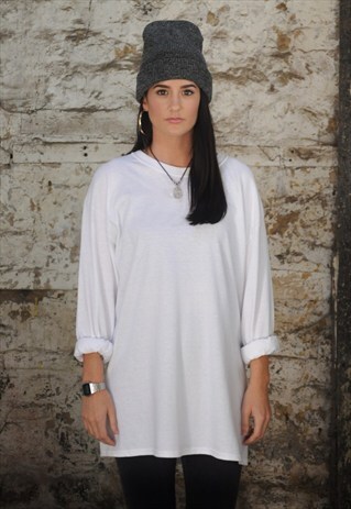NEW PLAIN WHITE OVERSIZE LONG SLEEVE TSHIRT TOP TEE