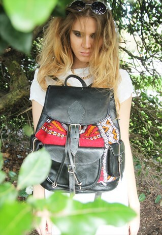 BLACK LEATHER AND CARPET RUCKSACK BACKPACK