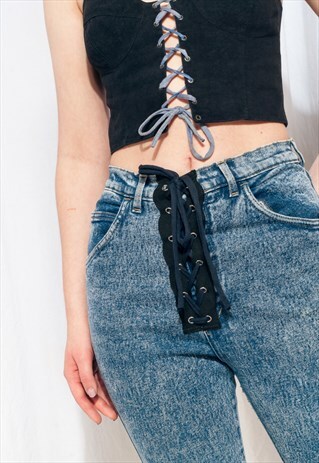 Vintage Jeans 80s Reworked Acid-wash Lace-up Denim Trousers