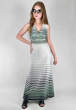 70's Vintage White Green Stripe Sleeveless Maxi Dress