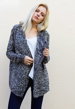 Knitted Draped Waterfall Cardigan in Black and Grey