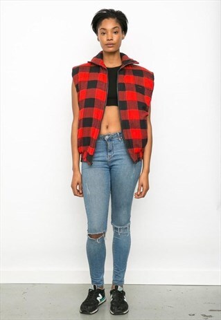 VINTAGE 90'S RED & BLACK TARTAN PLAID CHECK GILET JACKET