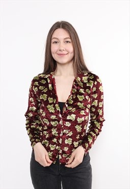 90s red velvet blouse, vintage floral print romantic button 