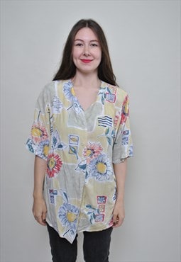 Vintage hipster blouse, multicolor pattern button up shirt